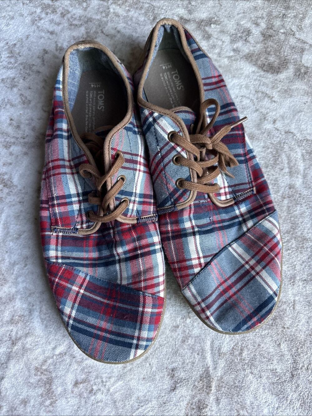 TOMS Mens Size 14 Plaid Lace Up Casual Shoes Red Blue Canvas Sneakers